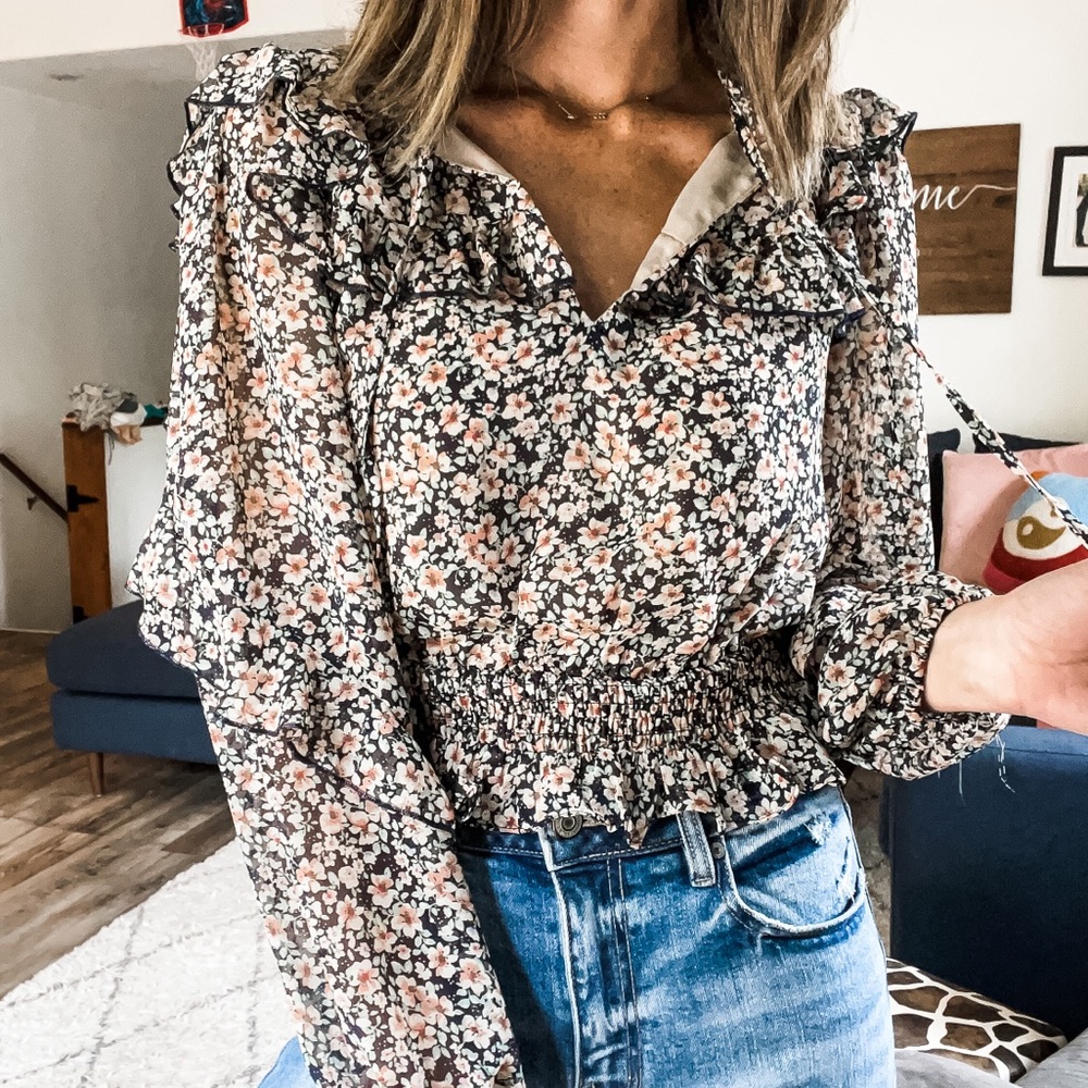 Floral blouse with adjustable tie neck